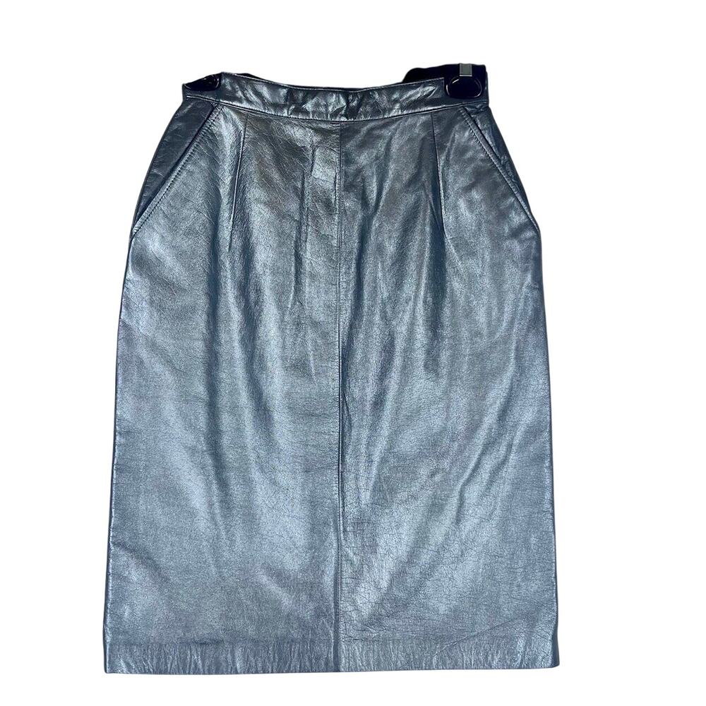 Toffs Womens Vintage Leather Pencil Skirt Silver Back Slit Zipper Size 6 Lined
